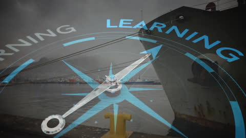 Animated Compass Over Docked Ship Symbolizing Learning and Exploration