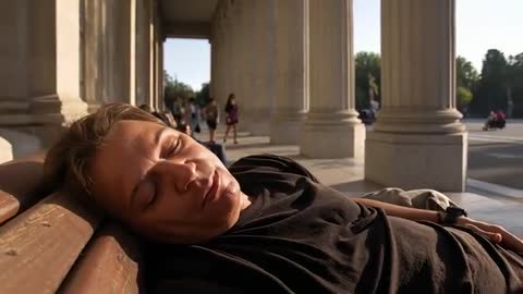 Sunlit man napping on bench in classical colonnade while passersby walk through plaza