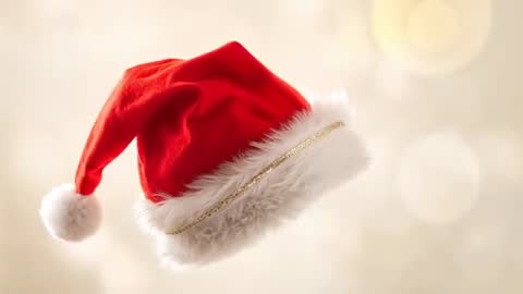 Rotating Santa Hat with Gold Trim and Fluffy Pom Pom over Warm Bokeh — Holiday Video Loop
