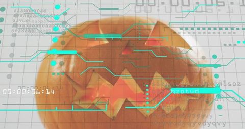Glowing Jack-o'-Lantern with Futuristic Teal HUD Overlays and Digital Timestamp