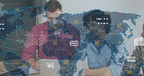 Business team collaborating over laptop with global data overlay hud analytics and teamwork