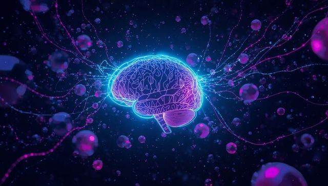 Neon holographic brain emitting neural filaments and pulsing spheres in dark digital space