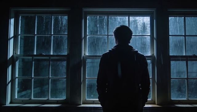 Silhouette man standing at rainy three-pane window at night, moody blue minimal scene