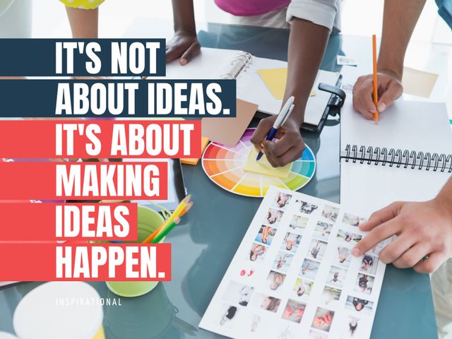 This image shows hands actively engaged in creative work with tools like a color wheel, notepads, and images. The motivational quote emphasizes the importance of action over ideas. Perfect for use in motivational content, teamwork presentations, creativity workshops, and productivity blogs.