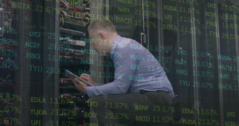 Engineer Analyzing Server Data with Digital Interface Overlay