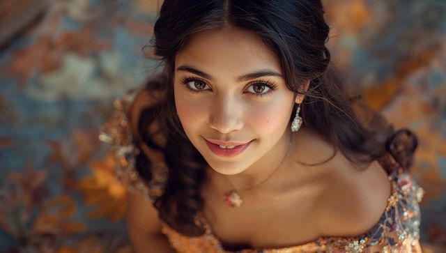 Elegant hispanic woman in beaded gown with jewelry portrait