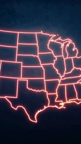 Vertical Neon Map Tracing US State Borders with Pulsing Pink Lines and Tech Glow