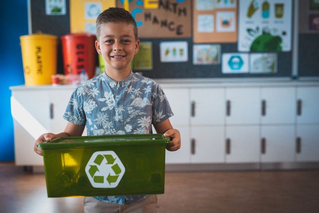 Young schoolboy smiling while holding a green recycling box in a classroom. Ideal for educational materials, environmental campaigns, and sustainability projects. Perfect for illustrating concepts of waste management, eco-friendly practices, and teaching children about conservation and recycling.