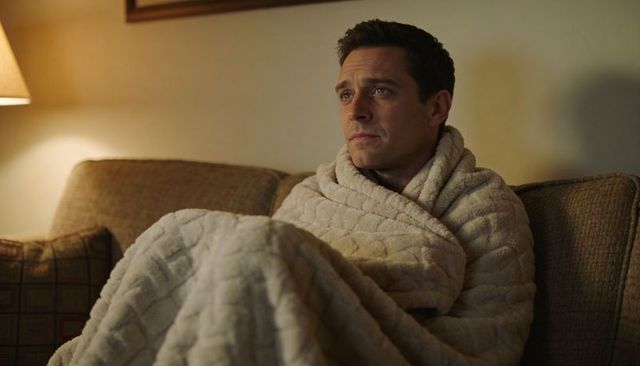 Man wrapped in quilted cream blanket gazing contemplative on couch, cozy evening
