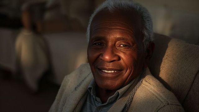 Smiling senior man relaxing in cozy armchair, warm soft light portrait