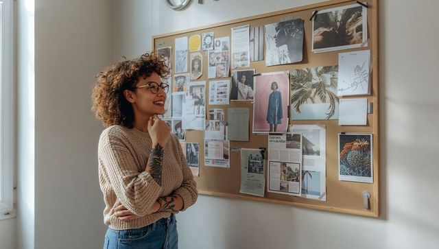 Creative designer reviewing moodboard in studio, smiling and brainstorming by window