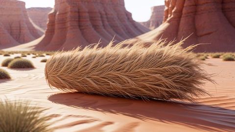 Tumbleweed resting on red desert dunes with sandstone buttes