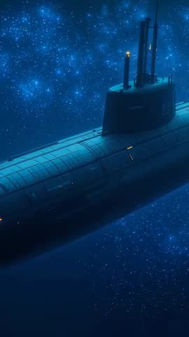 Vertical video panning over submarine sail cruising through bioluminescent deep sea