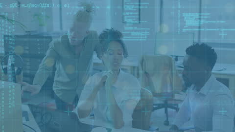 Business Team Collaborating with Virtual Data Interface in Modern Office