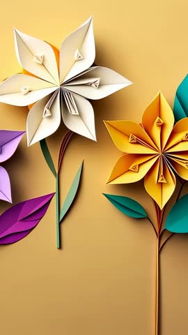 Vertical panning video showing colorful handmade paper flowers and leaves in craft studio
