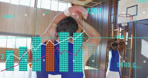 Basketball players pausing hands behind heads on court with ar analytics, performance data overlay