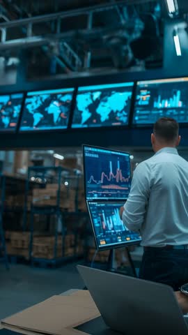 Warehouse manager monitoring live analytics on touchscreen displays, logistics automation