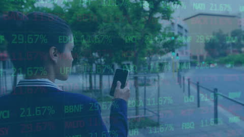 Woman Analyzing Digital Data on Smart Device with Graphics Overlay