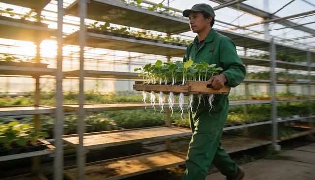 Greenhouse worker carrying seedling tray with exposed roots at sunrise