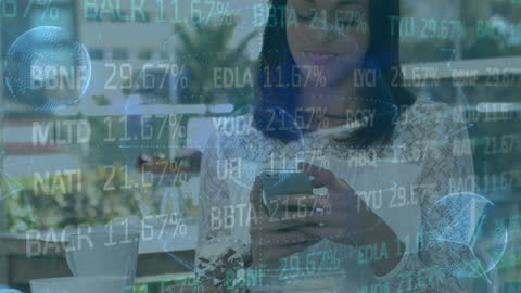 Woman Analyzing Data on Smartphone with Financial Graphics