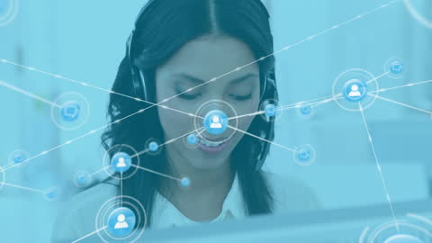 Businesswoman Using Phone Headset with Virtual Network Icons