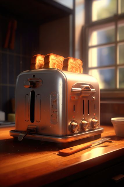 Morning sunlight illuminates ceramic bread toaster and toasted slices in kitchen. Toaster on wooden counter with utensils nearby, suggesting a serene breakfast setting. Ideal for cooking blogs, home appliance advertisements, and morning routine illustrations.