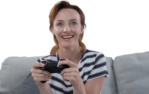 Transparent Woman Smiling While Playing Video Game on Sofa - Download Free Stock Videos Pikwizard.com