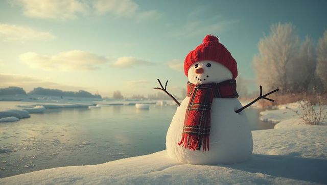 Snowman by Serene Lake with Red Hat and Plaid Scarf