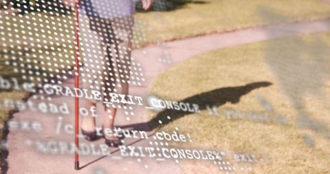 Senior Woman Walking with Red Cane on Sunlit Path, Halftone Dotted Code Double Exposure