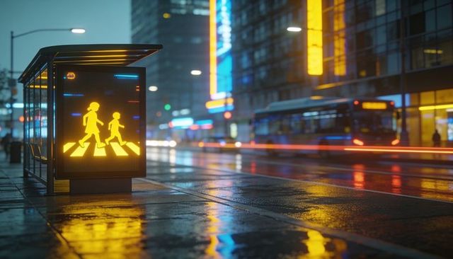 Glowing pedestrian crossing sign at bus shelter on rainy neon city street at night