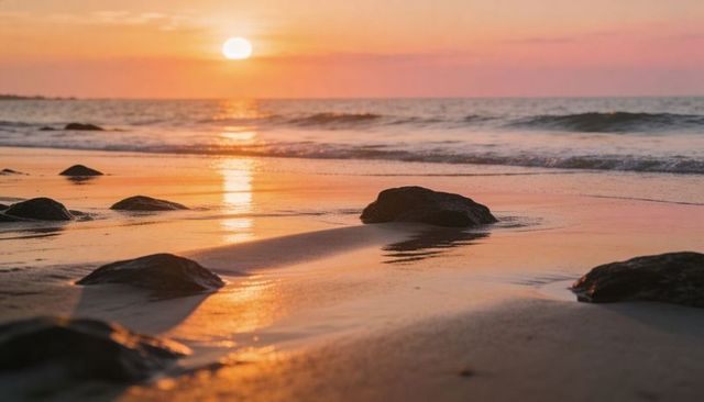 Sunset beach rocks reflecting warm golden light on wet sand at low tide