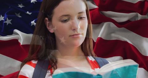 Young Woman Reading with USA Flag Overlay Symbolizing Patriotism and Education