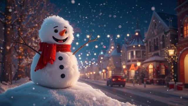 Cheerful Snowman in Festive Town at Night with Falling Snow