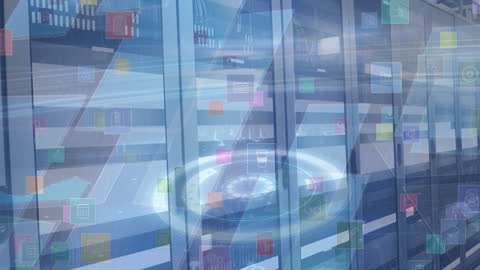 Digital Interface with Data Processing Icons Overlaying Server Room