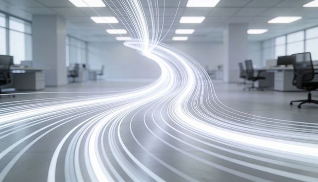 Futuristic light streams racing through open-plan office conveying digital data flow