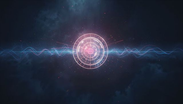 Futuristic holographic circular interface with neon waveform