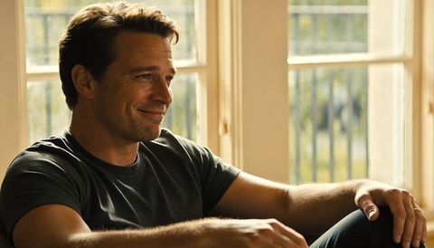 Sunlit man relaxing on sofa near window smiling, leaning back in cozy modern living room