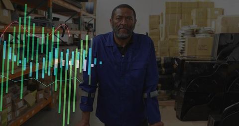 Warehouse manager analyzing digital data overlay for productivity