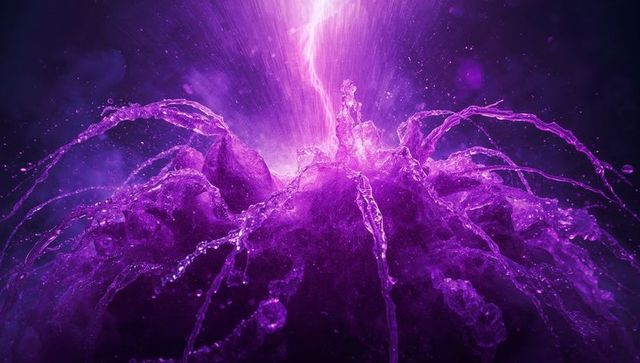 Vibrant Purple Liquid Eruption with Energetic Cosmic Beam