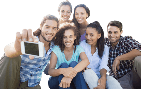 Transparent Friends Group Selfie Outdoors on Sunny Day