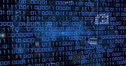 Neon Blue Binary Data Stream Across Cyber Network Grid for Monitoring and Analytics