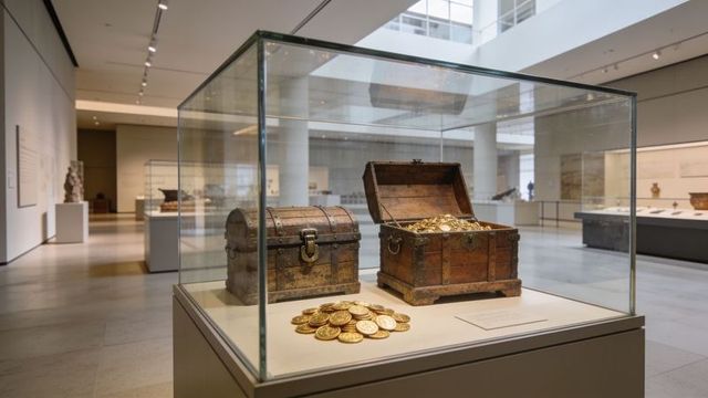 Displaying antique wooden treasure chests overflowing with gold coins in museum gallery