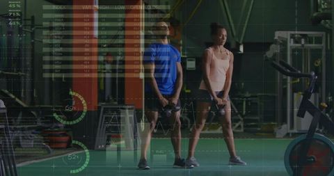 Fitness Enthusiasts Doing Kettlebell Deadlifts with Digital Interface Overlay