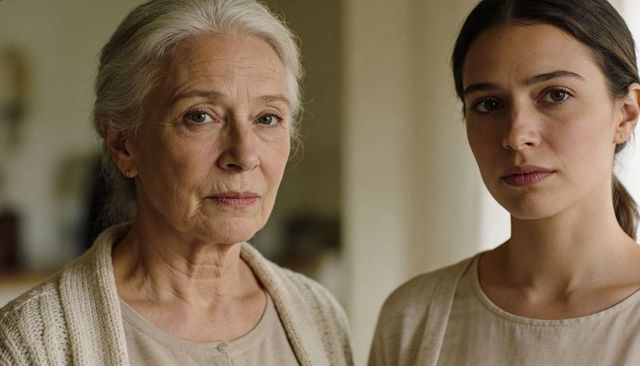 Senior mother and adult daughter standing together showing calm connection and warmth
