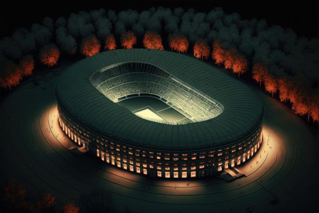 Football stadium with lights and trees created using generative ai technology. Sport and competition concept.