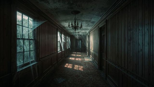 Eerie abandoned mansion corridor with vintage elegance