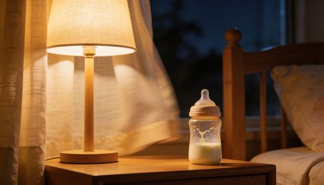 Warm bedside night scene with baby bottle on wooden nightstand and glowing lamp light