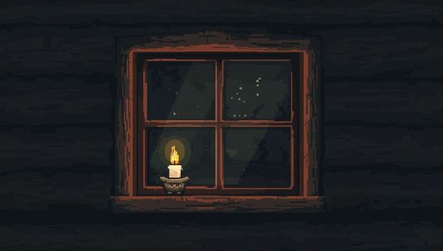 Glowing wooden-framed four-pane window casting warm candlelight in pixel-art night cabin