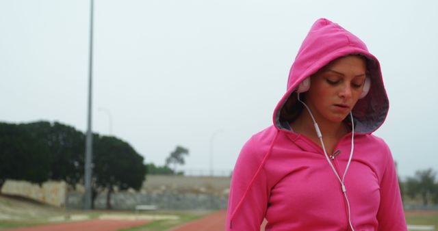 Young woman wearing a pink hoodie is jogging on an outdoor track while listening to music. This image can be used for fitness blogs, exercise advertisements, or articles about healthy lifestyles.