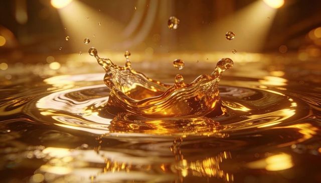 Golden liquid crown splash on reflective surface warm spotlight glow macro amber drops